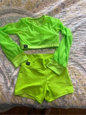 Neon Lime Two-Piece Kandi Kouture Set - Crop Long Sleeve mesh + Shorts